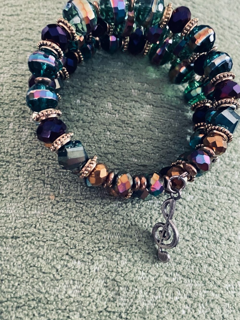 Iridized Green and Purple Beaded Bracelet with Treble Clef Charm Handcrafted